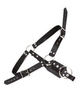 A product shot of the Anal Plug Harness for Men on a white background. It is a leather harness made by The Stockroom.