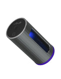 The Lelo F1S V2X Vibrating Masturbator in blue is shown against a blank background from the other end. The top is dark grey with the Lelo logo on it and has three buttons.