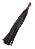 The Sissoo Rosewood Short Round Handle Leather Flogger is shown on a white background. The BDSM impact play toy features leather falls and a wooden round handle.