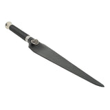 A rubber "dragon tongue" whip on a white background. The shape is narrow and triangular with a handle wrapped in rubber with a steel hilt. 