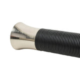 Closeup of the handle of the Dragon Tongue whip, focusing on the thin rubber cord wrap and the metal base, which has a flared bottom.
