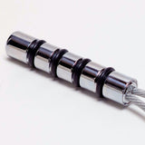 Metallic cable connector with black rubber bands on a white background