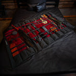 The KinkBag spread open diagonally across a full-size mattress to give a sense of scale.