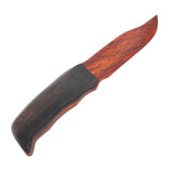 A hunting knife with a blade made of reddish-brown wood and a handle made of a dark black wood. 