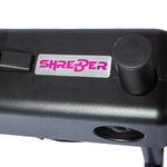 Closeup of the product, showing the SHREDDER logo on the black metal surface. 
