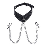 Product shot of the Velvet Noir collar against a white background. It's made of black patterned leather with a metal ring at the front. A chain with adjustable nipple clamps at either end is threaded through the ring.