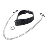Product shot of the Velvet Noir collar 
 disassembled against a white background. In front of the collar is a metal ring and a set of nipple clamps on a long chain. 