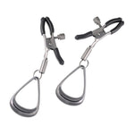 One pair of the Velvet Noir Tuggable Nipple Clamps on white background. The clamps are made of metal, with a thumb screw on each to adjust tension. Each one has a large loop on the end to put a finger through and tug. 