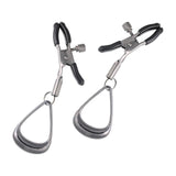 One pair of the Velvet Noir Tuggable Nipple Clamps on white background. The clamps are made of metal, with a thumb screw on each to adjust tension. Each one has a large loop on the end to put a finger through and tug. 