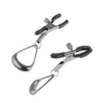 One pair of the Velvet Noir Tuggable Nipple Clamps on white background. The clamps are made of metal, with a thumb screw on each to adjust tension. Each one has a large loop on the end to put a finger through and tug. 