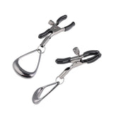 One pair of the Velvet Noir Tuggable Nipple Clamps on white background. The clamps are made of metal, with a thumb screw on each to adjust tension. Each one has a large loop on the end to put a finger through and tug. 