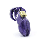 A chastity cage made of purple glitttery plastic, with a brass padlock on the top. 