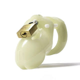 The Mr. Stubb (1 3/4" long) chastity cage on a white background. Made of white, glow-in-the-dark ABS plastic with a padlock on top. 