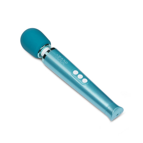 A teal-colored version of Le Wand submersible vibrator lying diagonally across a white background.