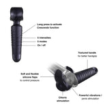 An infographic showing two images of the man.wan Evo: One is upright to show the controls; the second demonstrates its use on a clear dildo.
