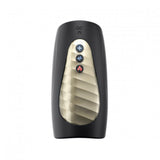 Full shot of the Man Wand Pump One, a black cylinder with a brass-colored plate on top. There are three buttons to control power and intensity. 