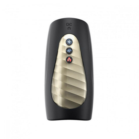 Full shot of the Man Wand Pump One, a black cylinder with a brass-colored plate on top. There are three buttons to control power and intensity. 