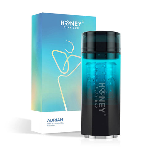 The Adrian Water Spa Masturbation Sleeve on a white background, next to a blue and white box. 