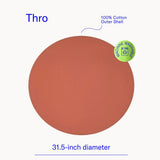 An informational graphic showing the Dame Sex Blanket spread flat. Text: 31.5 -inch diameter, Machine Washable, 100% cotton outer shell. 