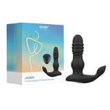Black model of the Jaden Thrust prostate massager on a white background, next to the product box. 