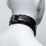 Collar on a mannequin bust shown from behind to display the silver clasp and buckle. 