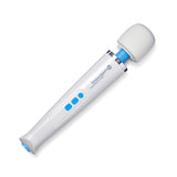 A Magic Wand vibe seen from the side on a white background. The handle and head are white, with buttons in a light blue. 