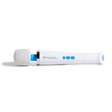 A wand vibe lying on its side on a white surface and background. The body and head of the vibe is white with a blue neck and control buttons.