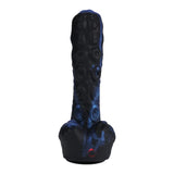 Black and blue toy with circular patterns on a white background