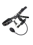 A product shot of the Inflatable Anal Plug Harness for Men on a white background. It is a leather harness made by The Stockroom.