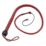 A coiled whip on a white background. It's braided with alternating black and red strips of leather. 