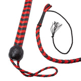 Closeup of the handle of the red and black whip, next to a closeup of the tip, which ends in a small cord. 