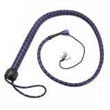 A coiled whip on a white background. It's braided with alternating black and blue strips of leather. 