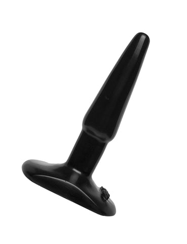 The Black Anal Plug, size Small by Doc Johnson is shown against a blank background. It is a black rubber butt plug.