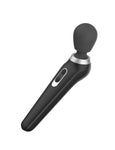 The Palmpower Extreme Rechargeable Wand Massager is shown against a blank background. It is a wand style toy, but the head of the wand is angled upwards. The vibrator is black with silver metallic accents.