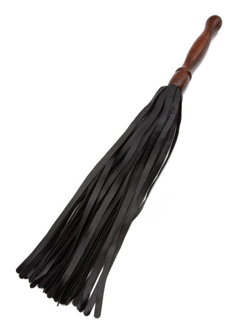The Sissoo Rosewood Long Handle Leather Flogger is shown on a white background. The BDSM impact play toy features leather falls and a wooden round handle.