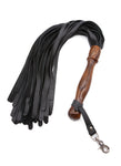 The Sissoo Rosewood Long Handle Leather Flogger is shown on a white background. Attached to the flogger is the included leather hanger strap with crab-claw hook. The BDSM impact play toy features leather falls and a wooden round handle.