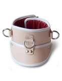 The frontside of a Deluxe Padded Medical Posture Collar made with real leather by The Stockroom in Los Angeles is shown on a plain white background. 