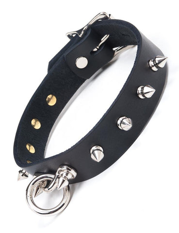 Leather Locking Collar with Spikes-BDSM GEAR, BONDAGE RESTRAINTS, COLLARS & LEASHES-Male Stockroom